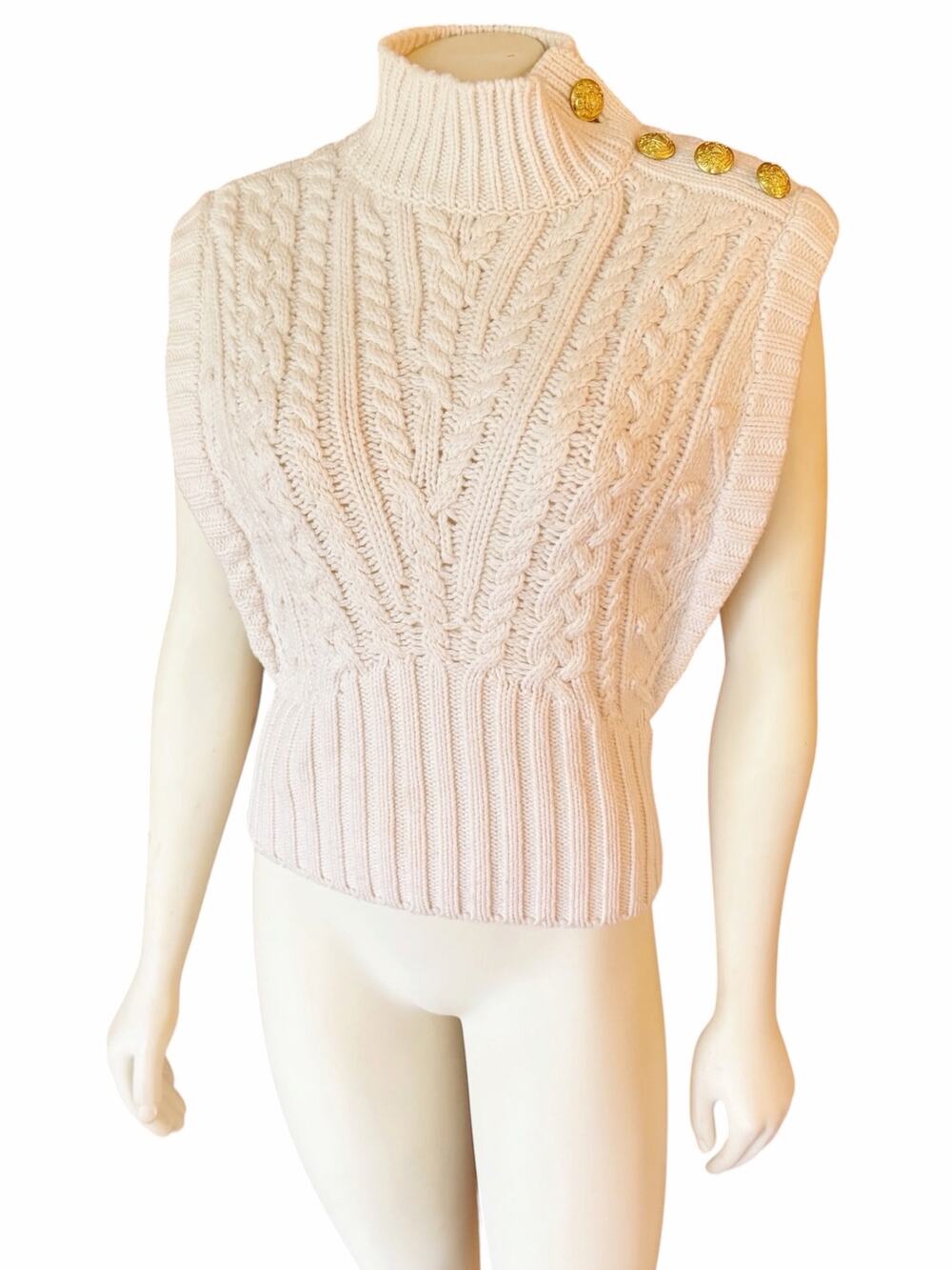 Veronica Beard Holton Wool Cable Knit Vest Sleeveless Turtleneck Sweater Ivory